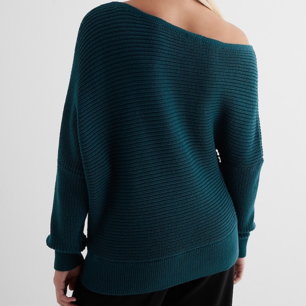 Express Womens Asymmetrical Off the Shoulder Long Sleeve Sweater Medium Teal - Picture 3 of 10